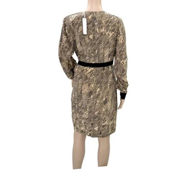 NWT Trina Turk Black Tan Beige Abstract Geometric Animal Print Silk Dress L 12 - Picture 4 of 10
